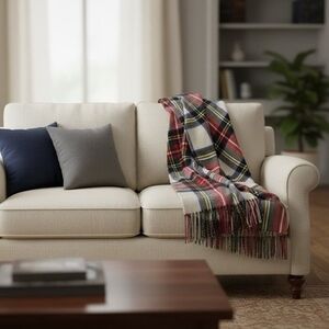 Chef L Home Kitchen Red Ivory Blue Plaid Throw Blanket 60"x50" Tassels NIB